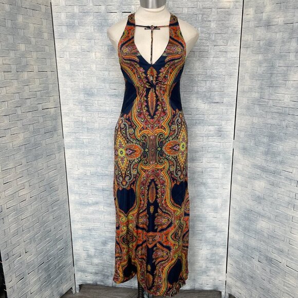 Free People Sin City Maxi Dress Ogee‎ Print Racerback Side Slit sz S/P - Picture 1 of 8